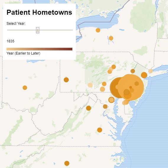 interactive map of patient hometowns by year