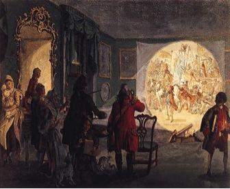 Painting of Men Operating a Projector in a Dark Room